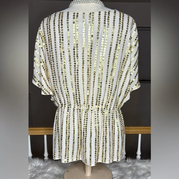 Soft Surroundings Creme Silk Gold Sequin Striped Blouse Size Large EUC Tie Front - Picture 5 of 7